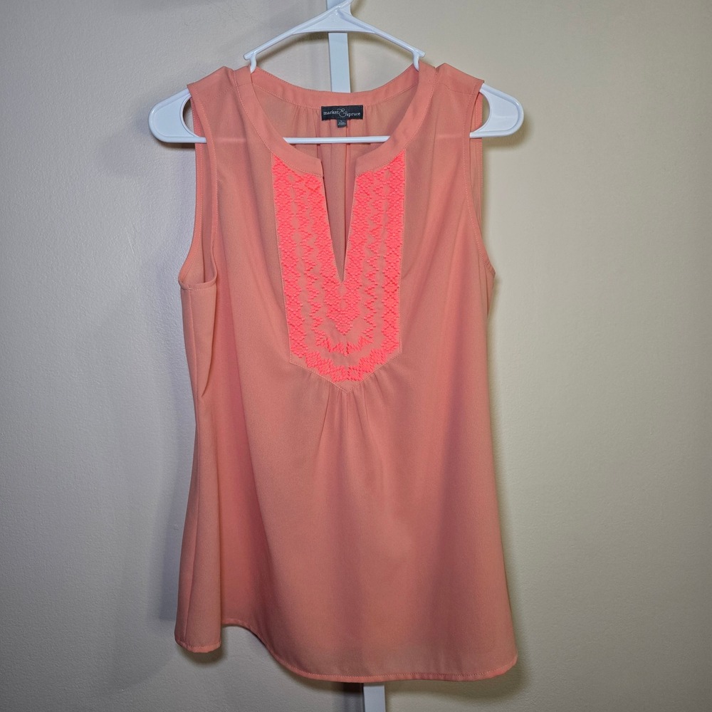 Market & Spruce Top Sleeveless Coral Pink Embroidered Blouse‎ Tank Large L